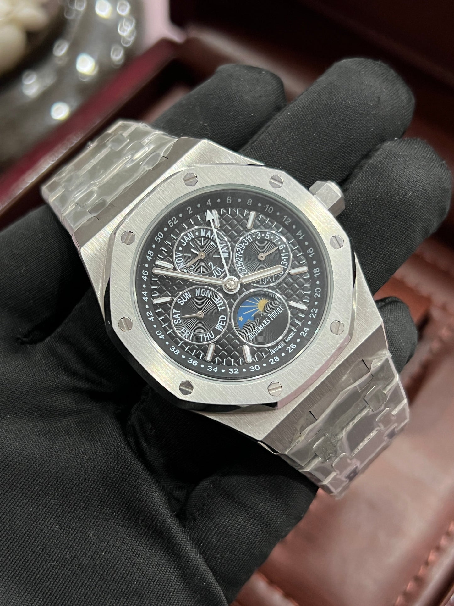 Perpetual Calendar Open Worked Silver Black Dial Automatic Mens Watch