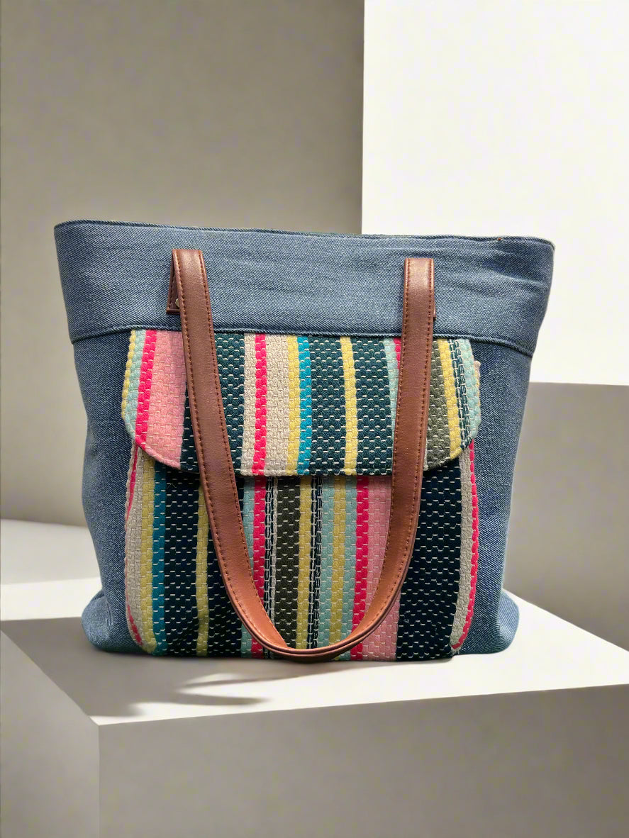 Blue - Multi Textured Medium Shoulder Handbag