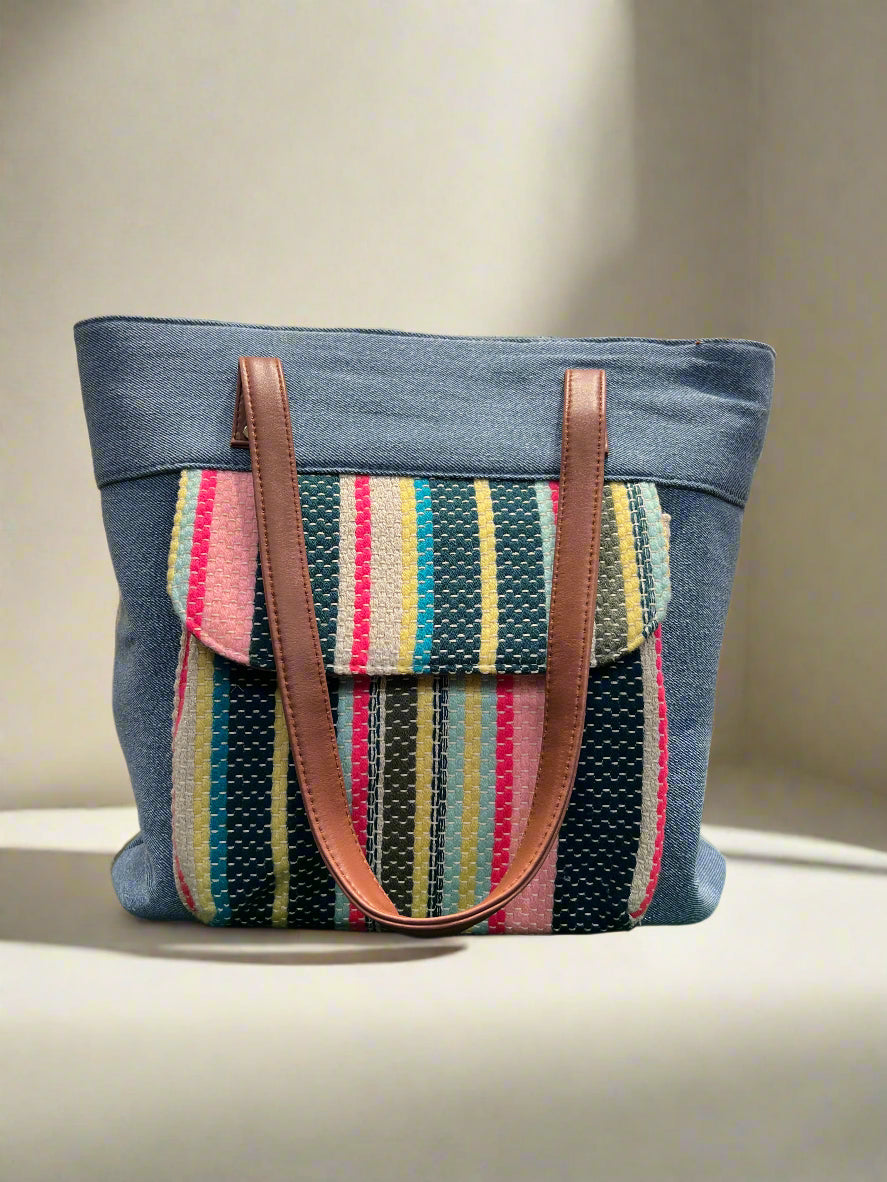 Blue - Multi Textured Medium Shoulder Handbag