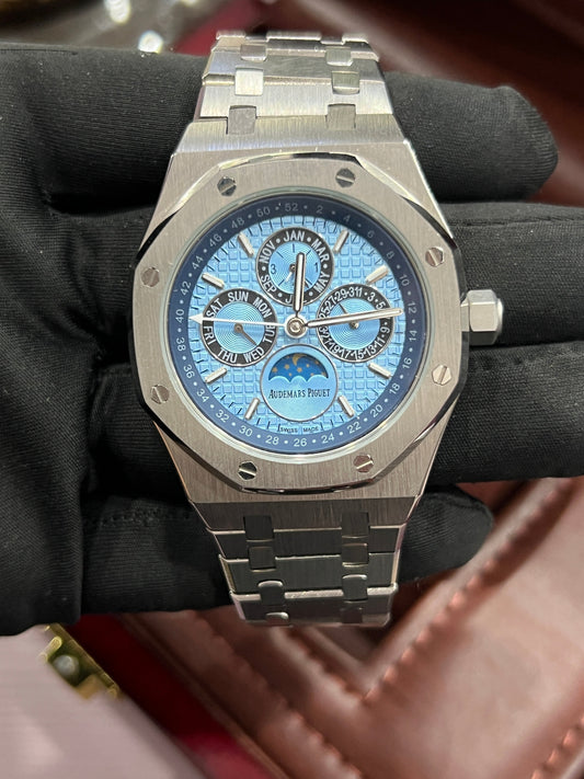 Perpetual Calendar Open Worked Silver Black Dial Automatic Mens Watch