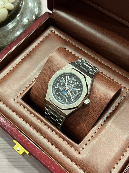 Perpetual Calendar Open Worked Silver Black Dial Automatic Mens Watch